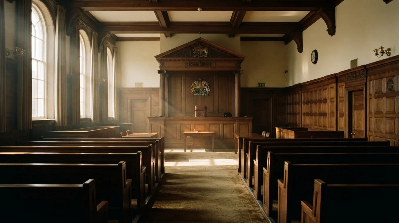 An empty courtroom with wooden benches in morning light
