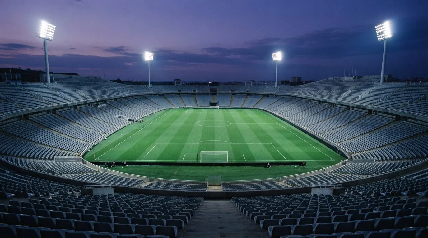 An empty football stadium with floodlight masts at dusk