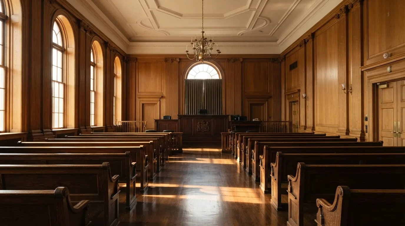 An empty courtroom with wooden benches in morning light