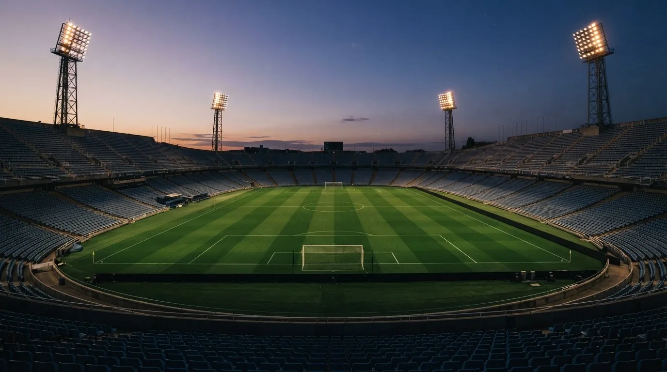 An empty football stadium with floodlight masts at dusk