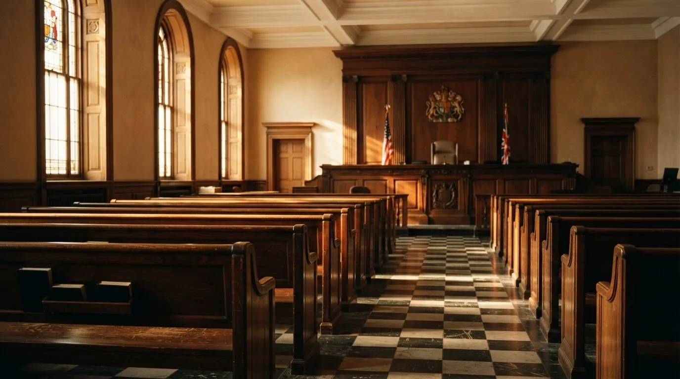 An empty courtroom with wooden benches in morning light