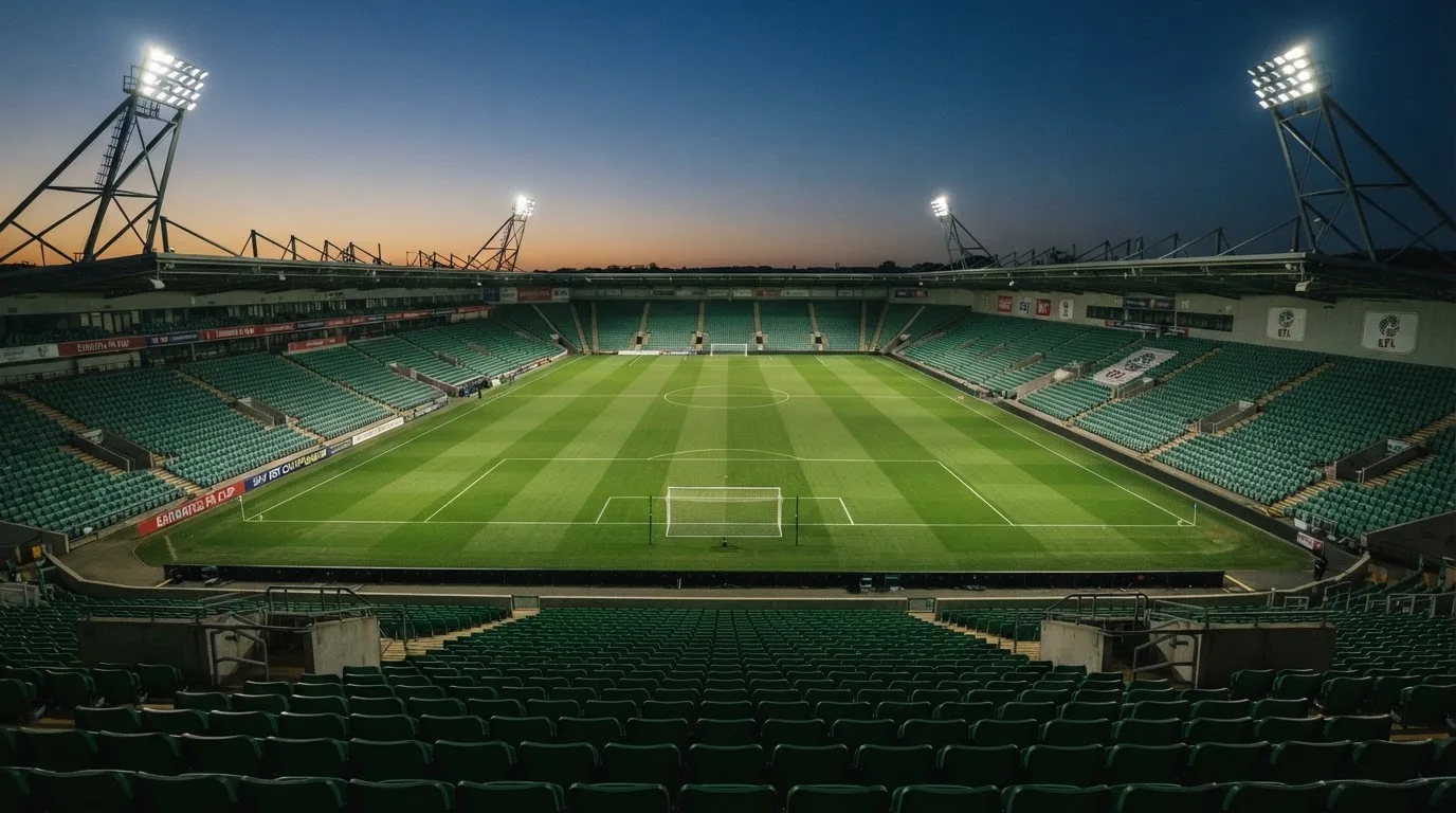 An empty football stadium with floodlight masts at dusk