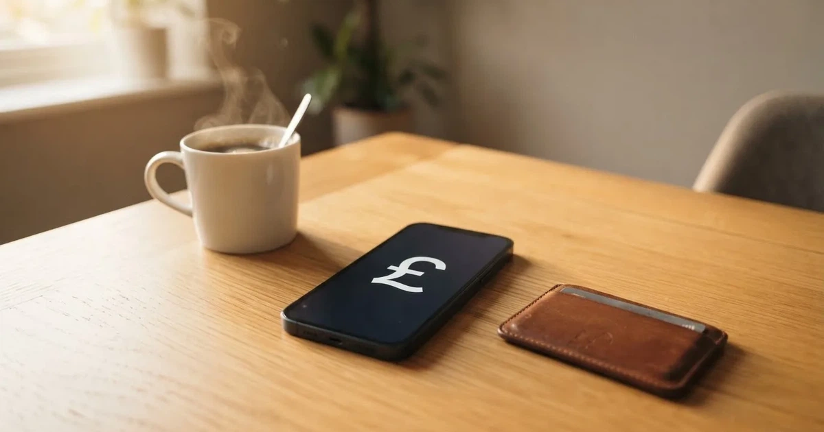 A smartphone on a wooden table beside a wallet and a coffee cup