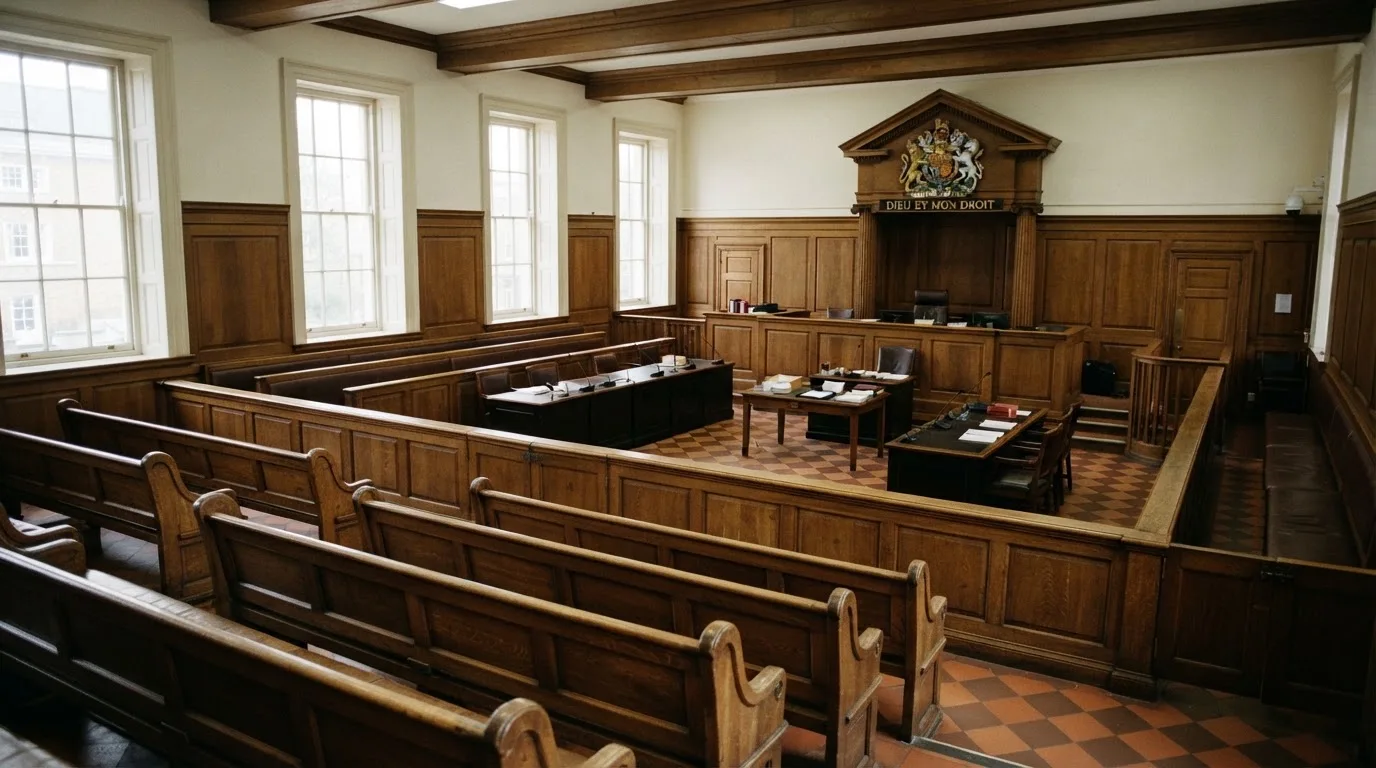 An empty courtroom with wooden benches in morning light