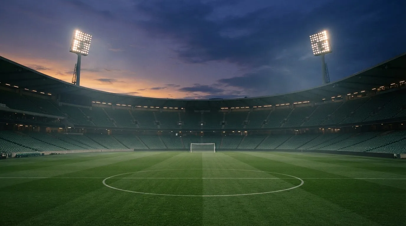 An empty football stadium with floodlight masts at dusk