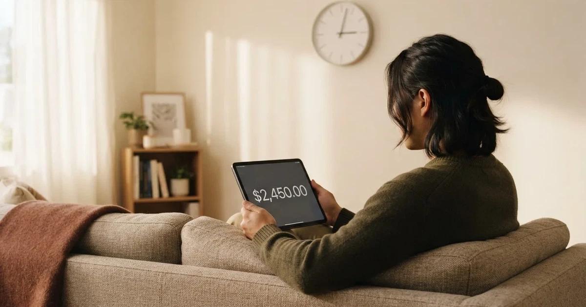A person on a sofa looking thoughtfully at a tablet, a wall clock in the background
