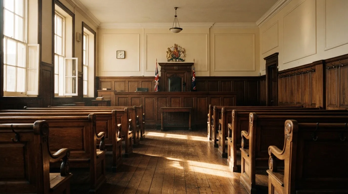 An empty courtroom with wooden benches in morning light