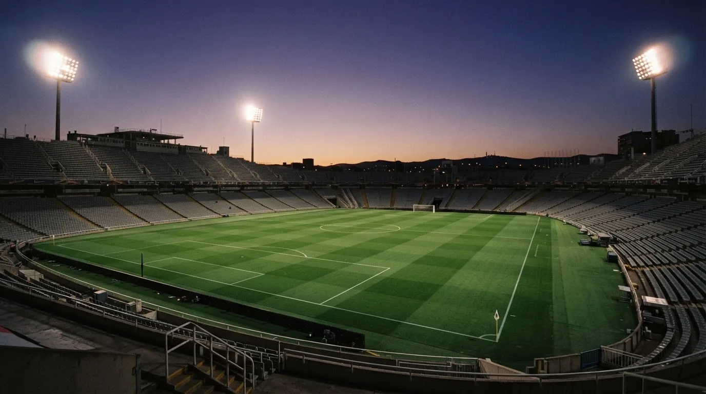 An empty football stadium with floodlight masts at dusk