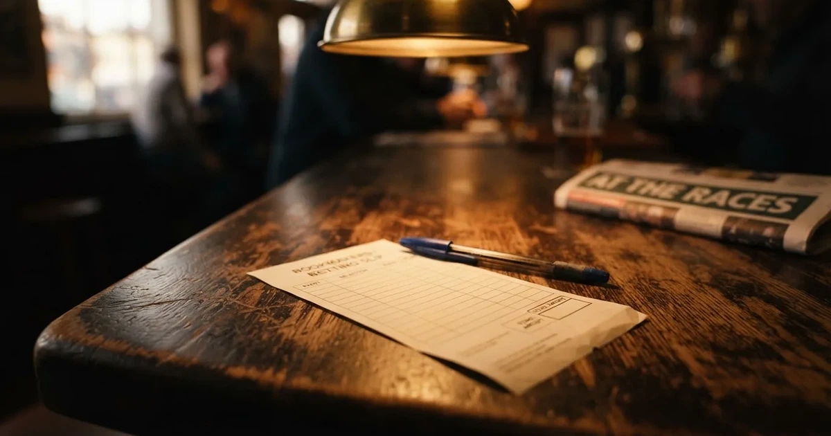A blank paper betting slip beside a pen on a wooden counter