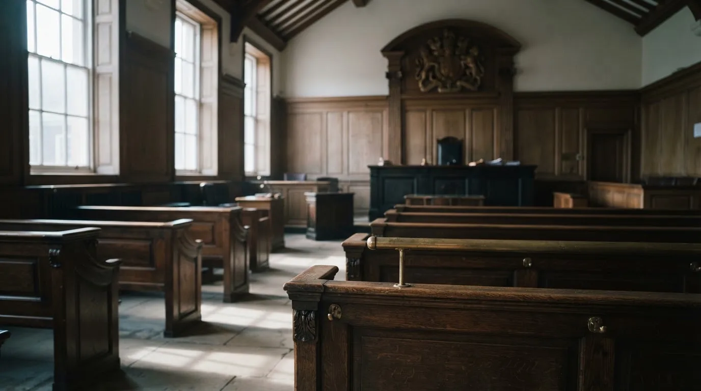 An empty courtroom with wooden benches in morning light