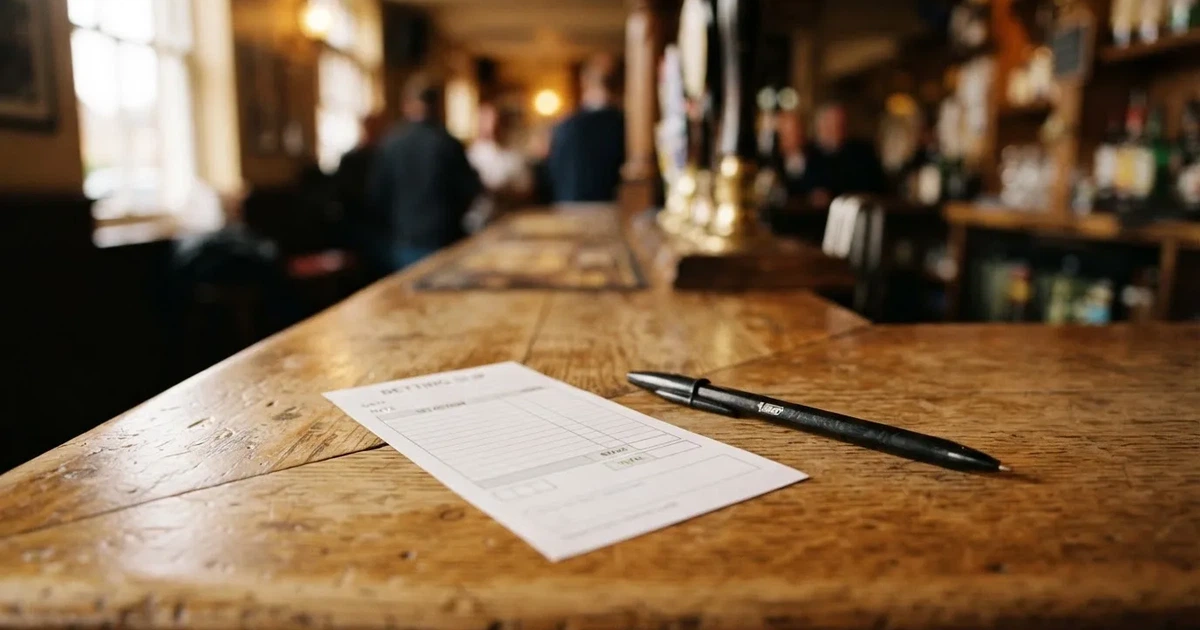 A blank paper betting slip beside a pen on a wooden counter