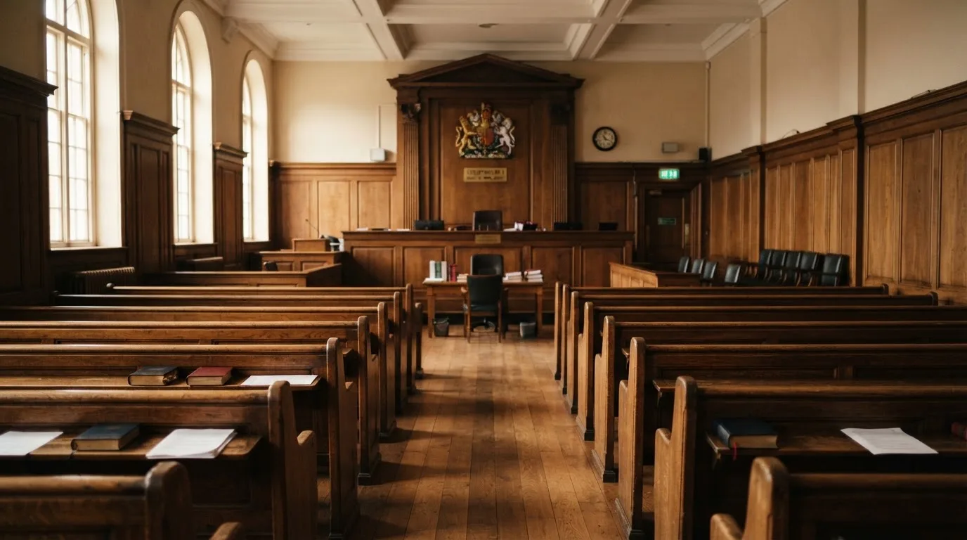 An empty courtroom with wooden benches in morning light