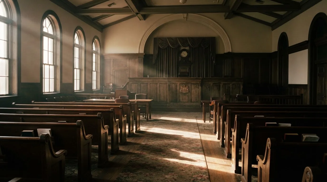 An empty courtroom with wooden benches in morning light