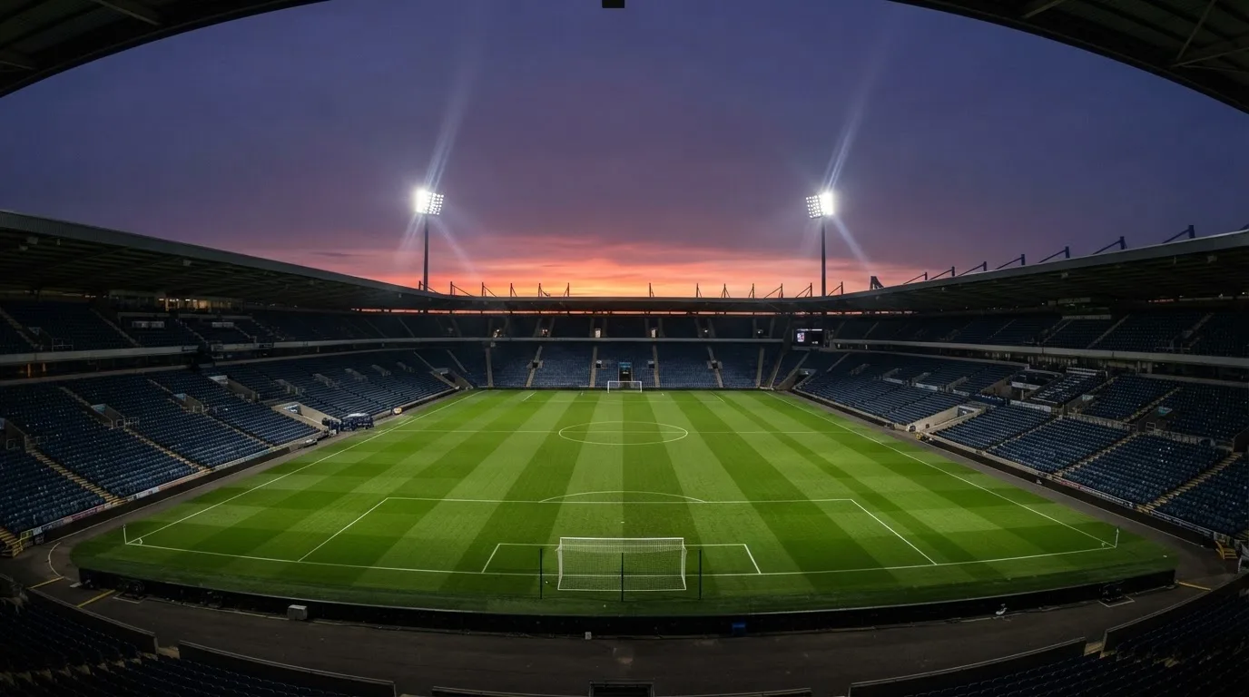 An empty football stadium with floodlight masts at dusk