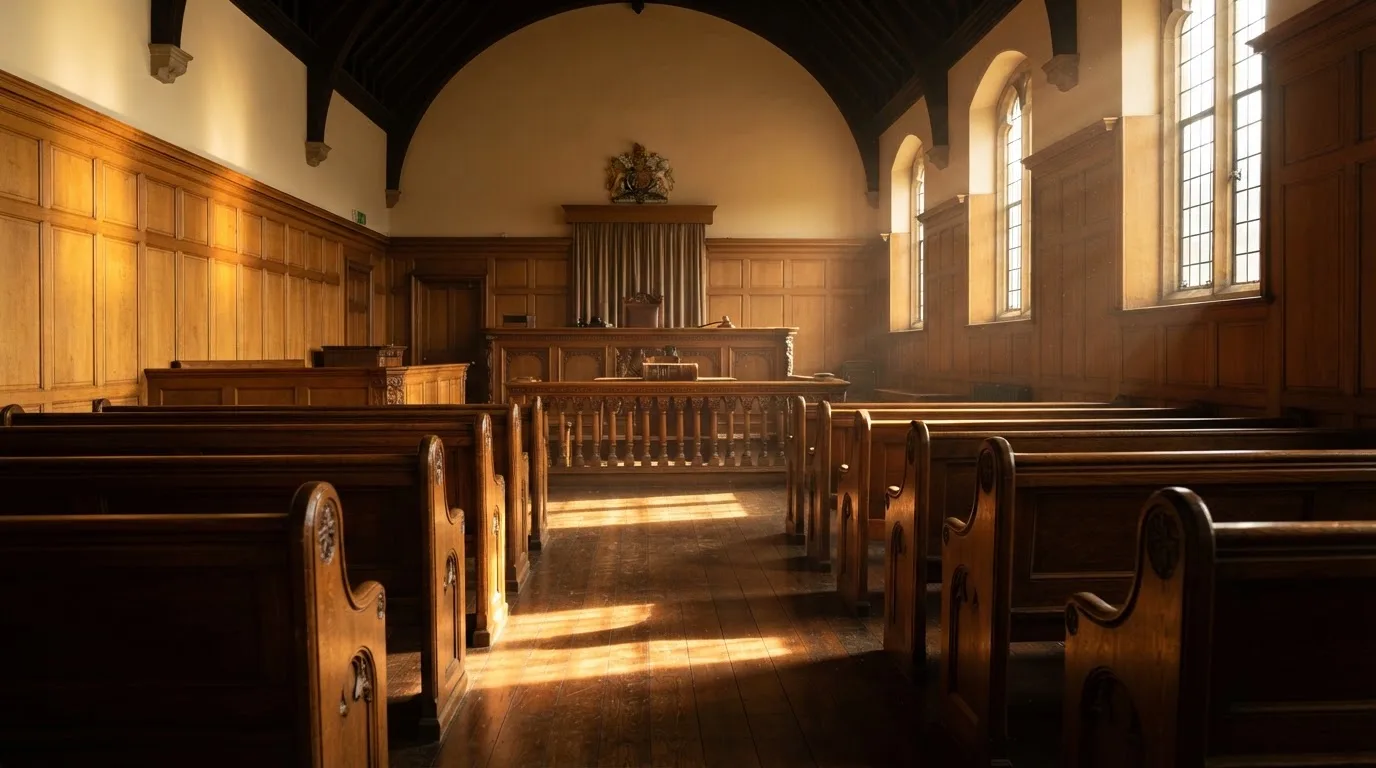 An empty courtroom with wooden benches in morning light
