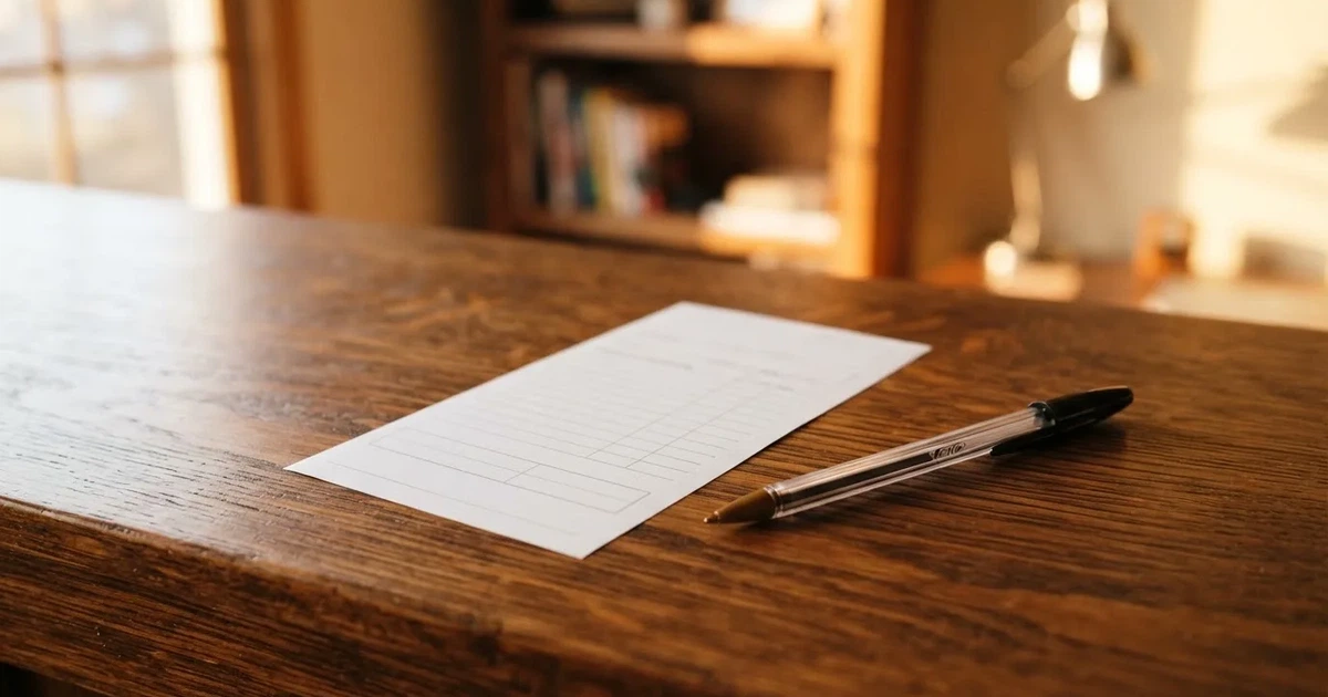 A blank paper betting slip beside a pen on a wooden counter