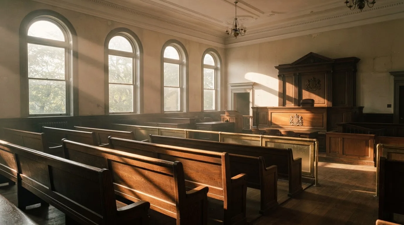 An empty courtroom with wooden benches in morning light