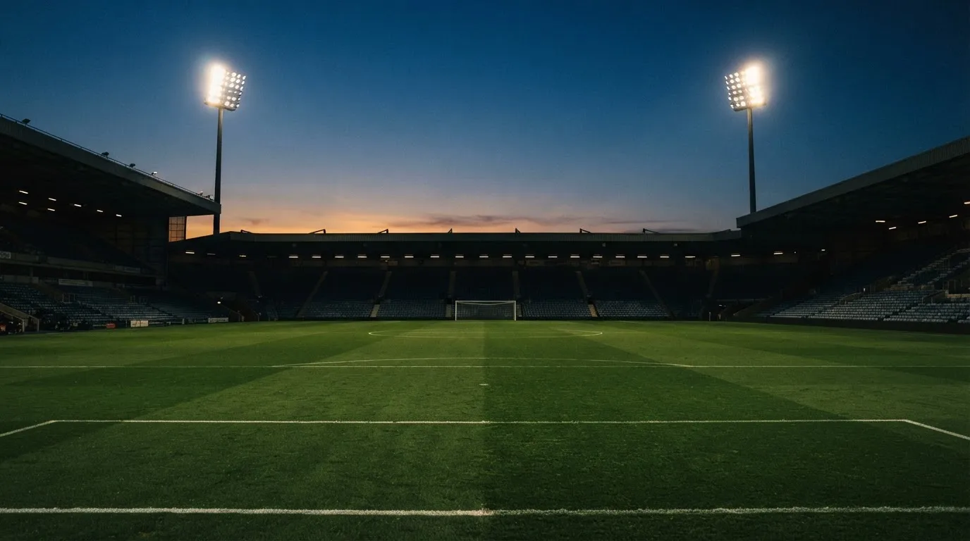 An empty football stadium with floodlight masts at dusk
