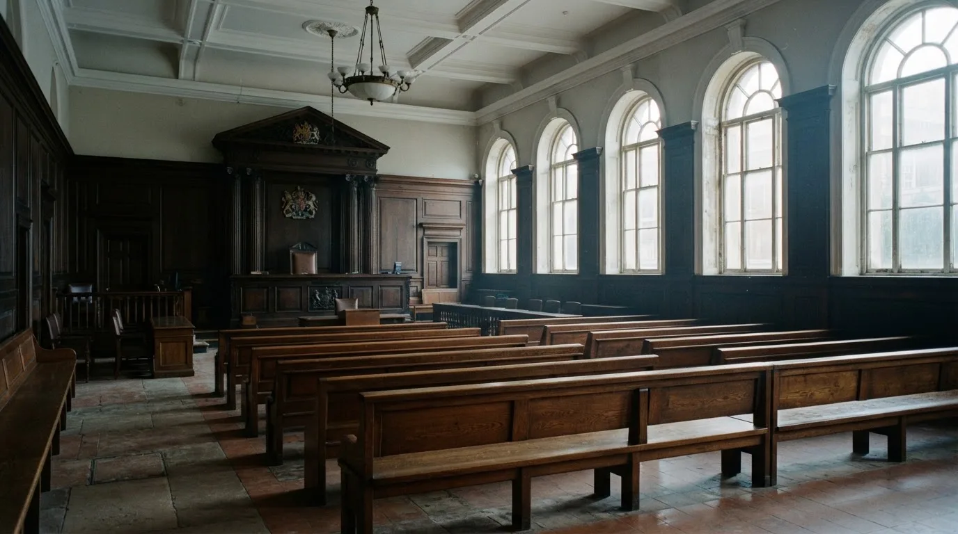 An empty courtroom with wooden benches in morning light