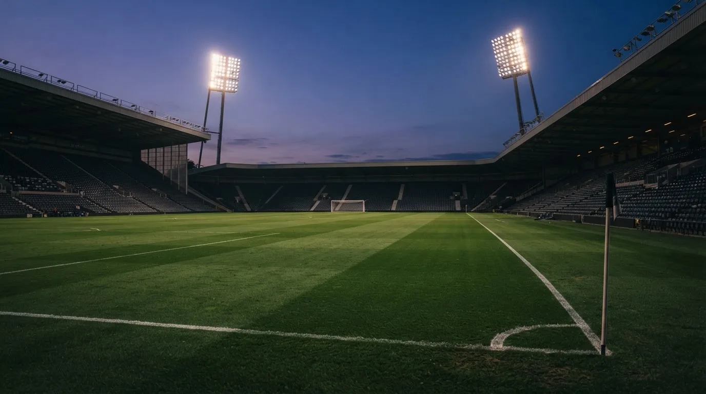 An empty football stadium with floodlight masts at dusk