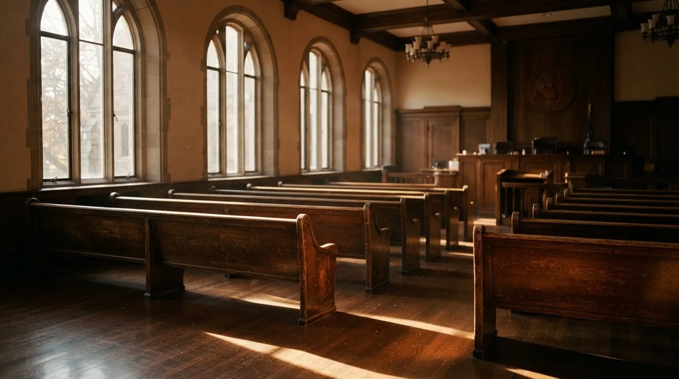An empty courtroom with wooden benches in morning light