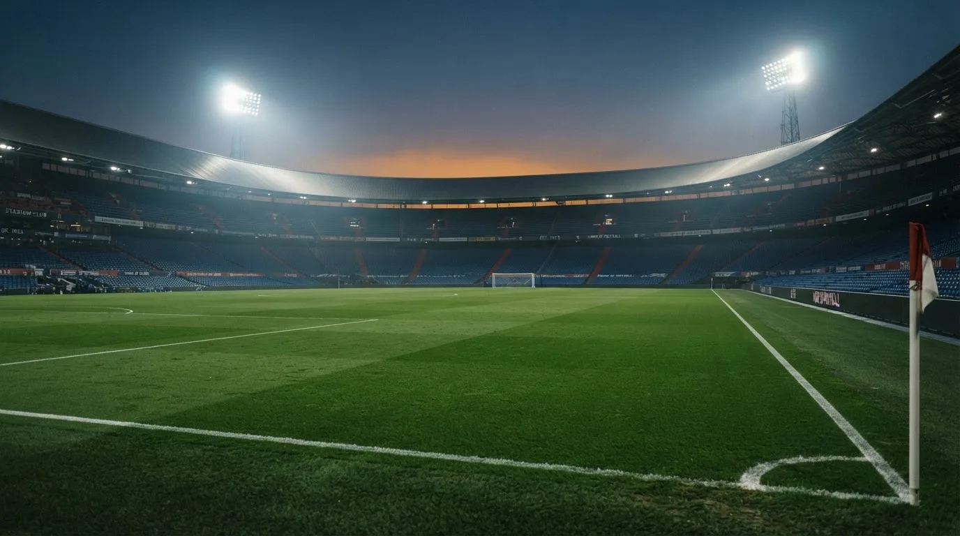An empty football stadium with floodlight masts at dusk