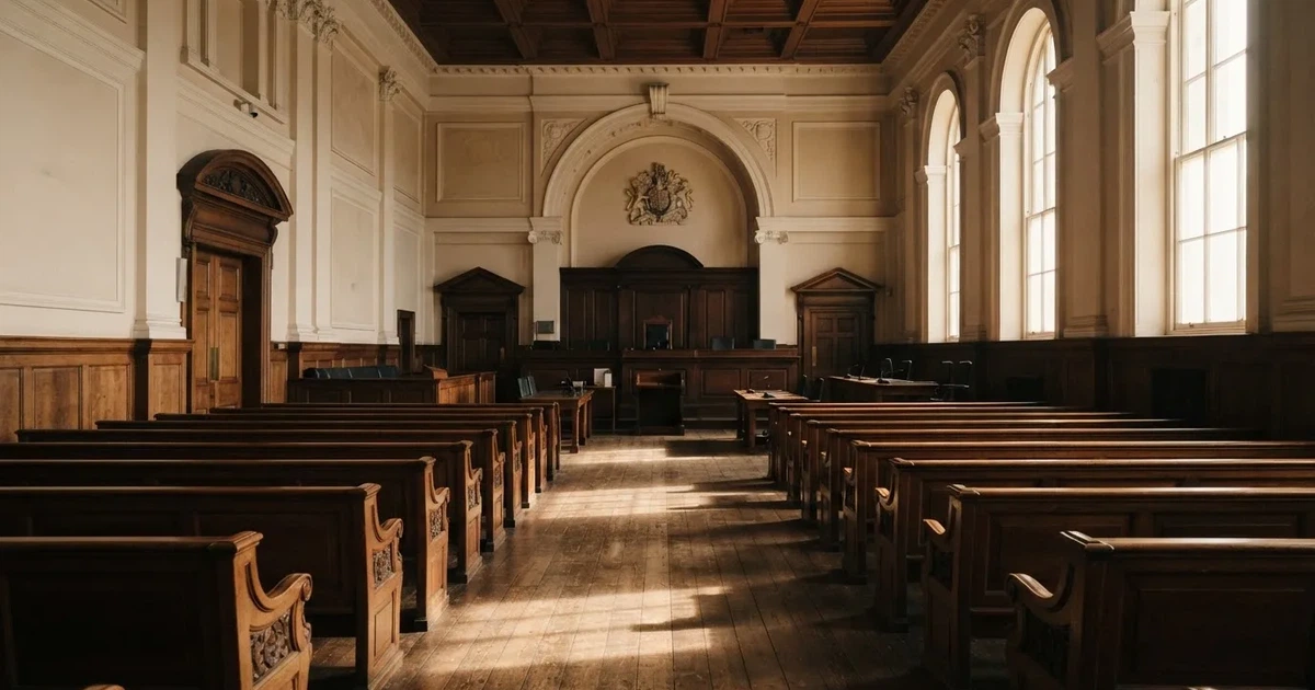 An empty courtroom with wooden benches in morning light