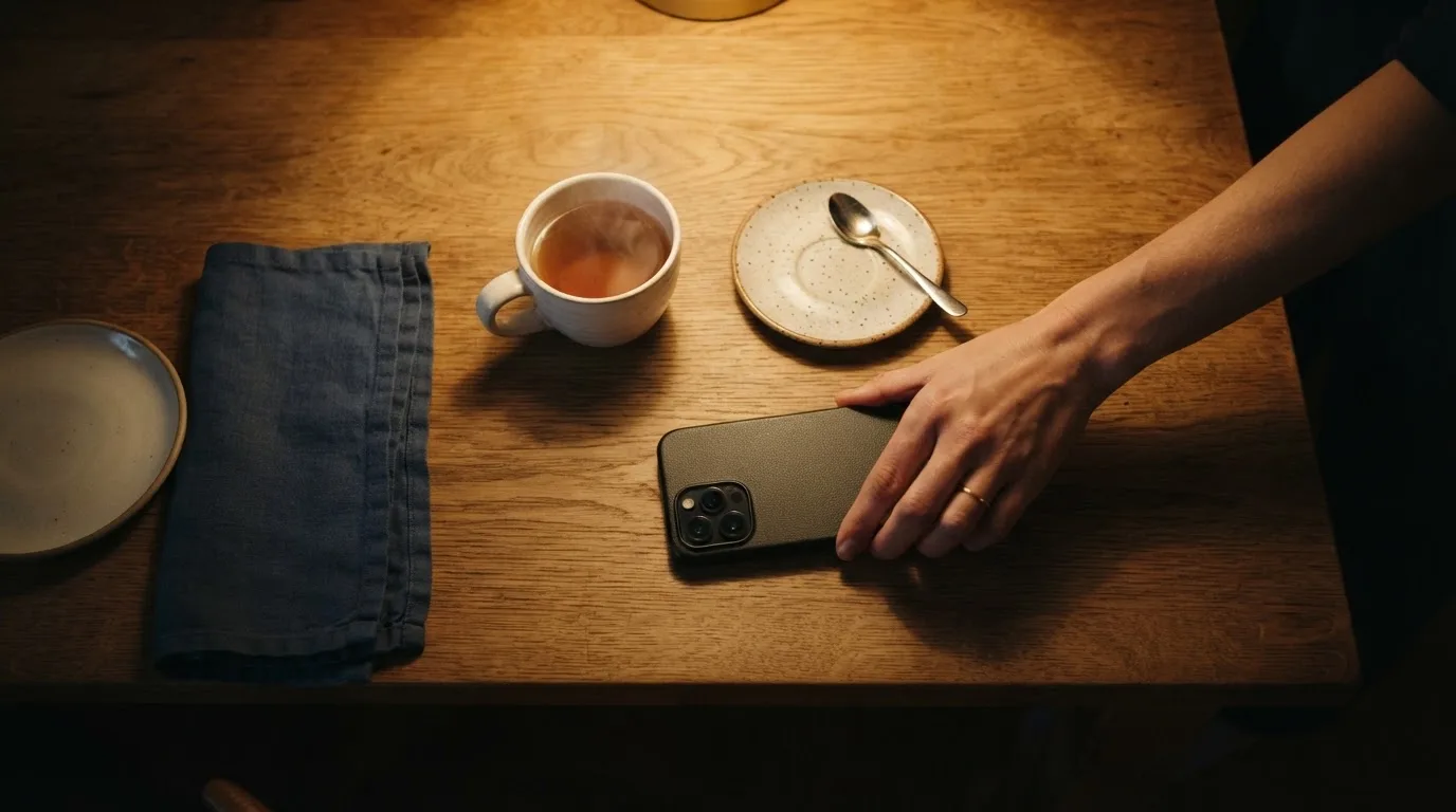 A hand setting a smartphone down beside a cup of tea on a kitchen table on a quiet evening