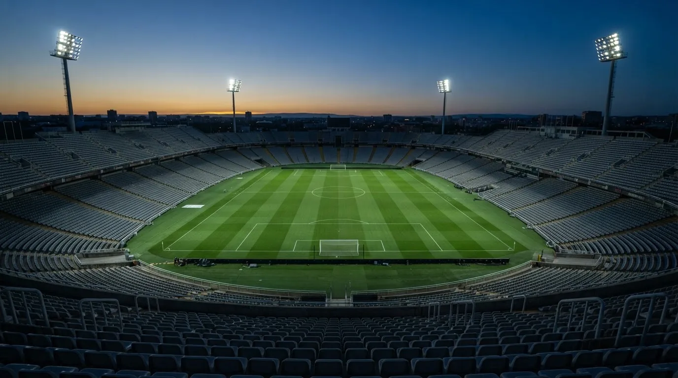 An empty football stadium with floodlight masts at dusk