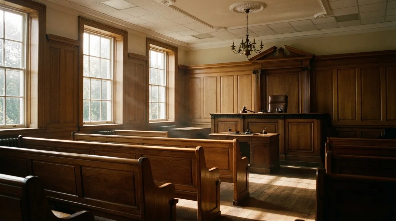 An empty courtroom with wooden benches in morning light