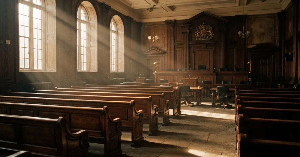 An empty courtroom with wooden benches in morning light