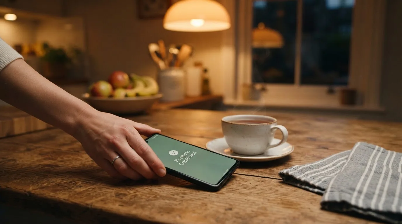 A hand setting a smartphone down beside a cup of tea on a kitchen table on a quiet evening