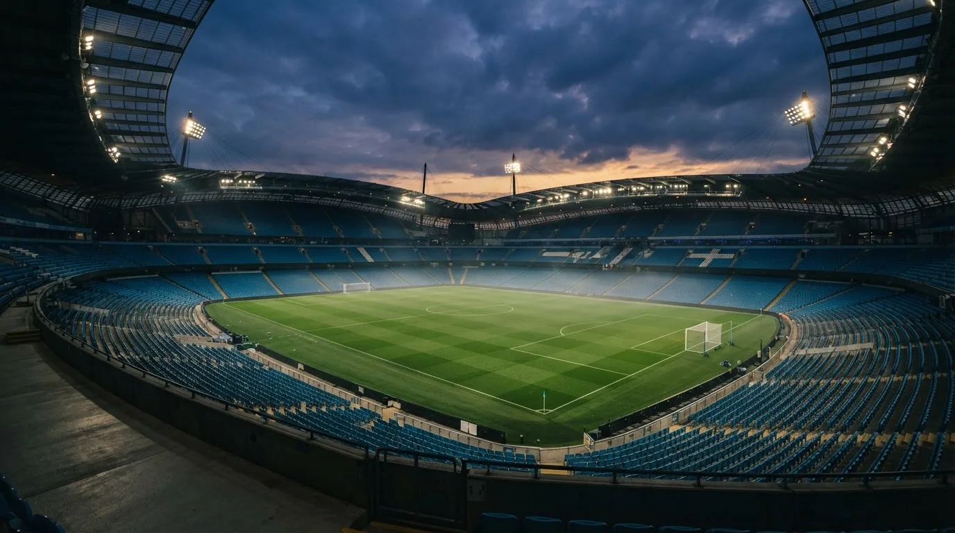 An empty football stadium with floodlight masts at dusk