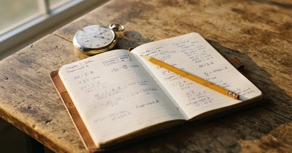An open notebook with a pencil and a stopwatch on a wooden table