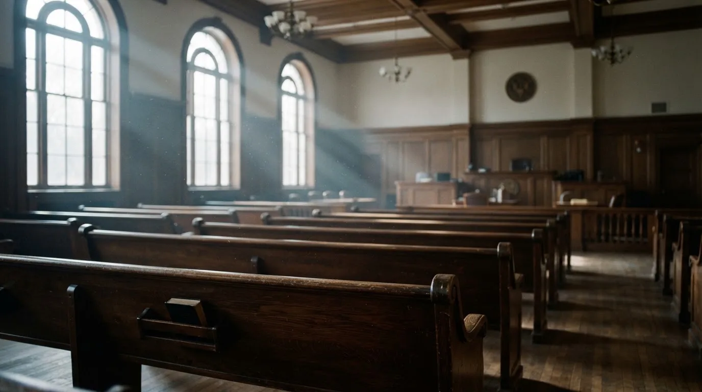 An empty courtroom with wooden benches in morning light