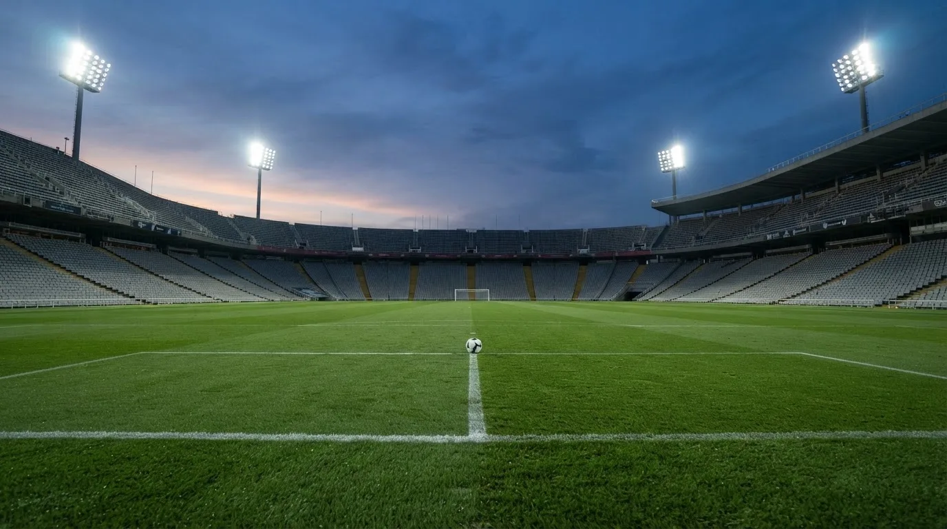 An empty football stadium with floodlight masts at dusk