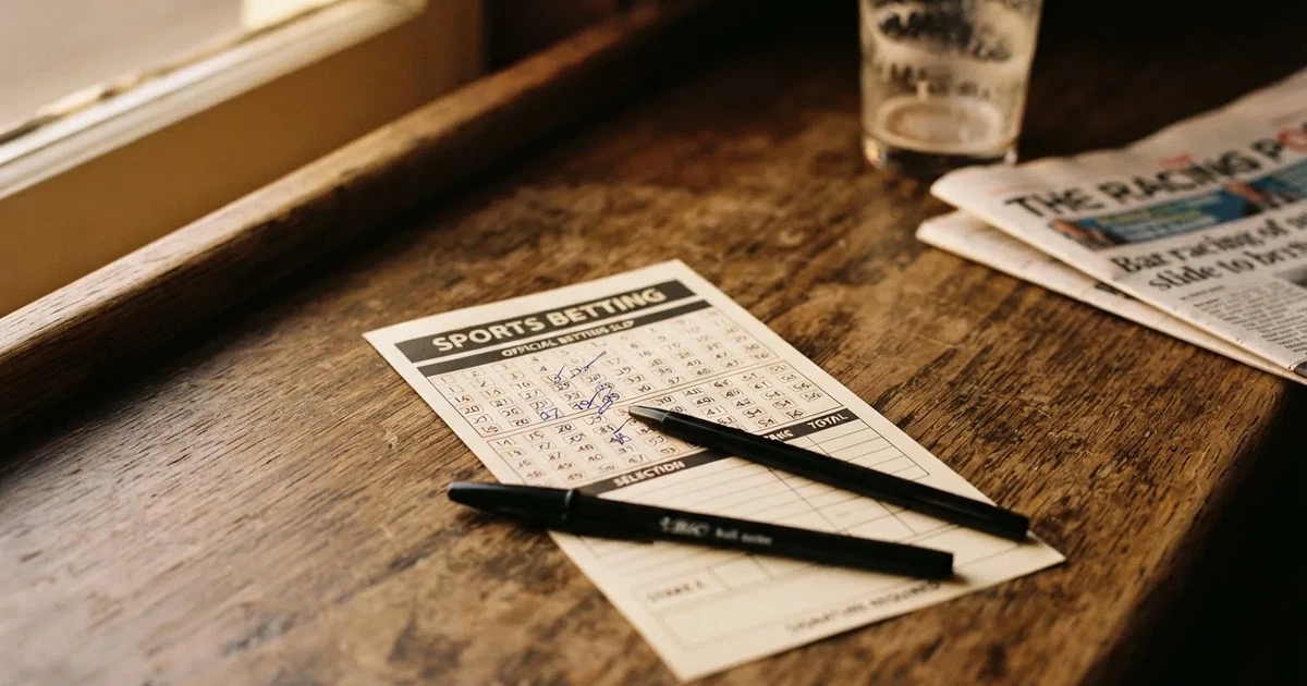A blank paper betting slip beside a pen on a wooden counter