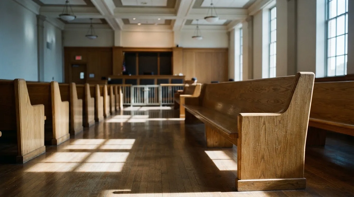 An empty courtroom with wooden benches in morning light
