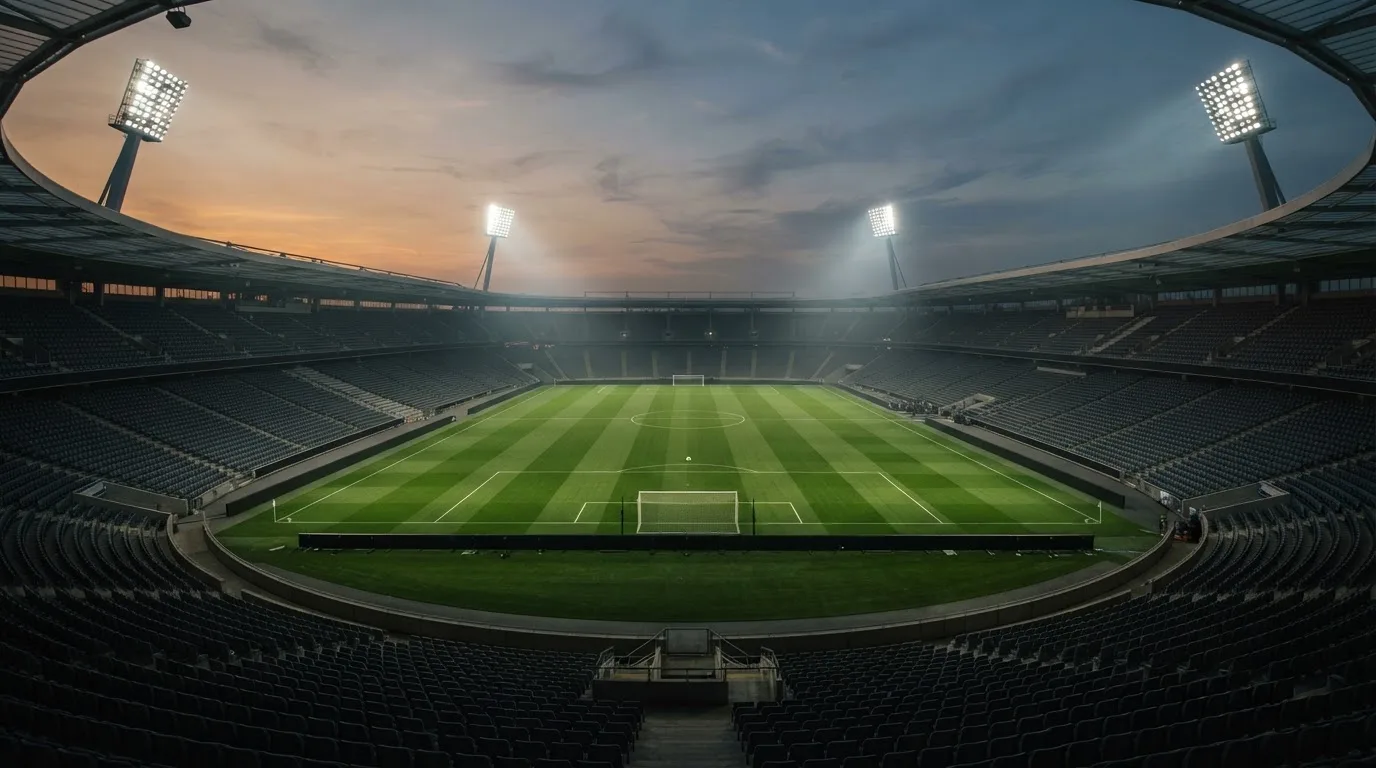 An empty football stadium with floodlight masts at dusk