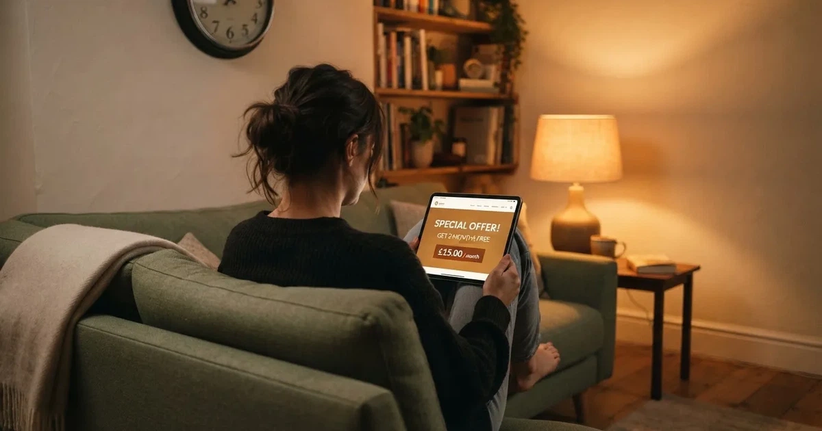 A person on a sofa looking thoughtfully at a tablet, a wall clock in the background