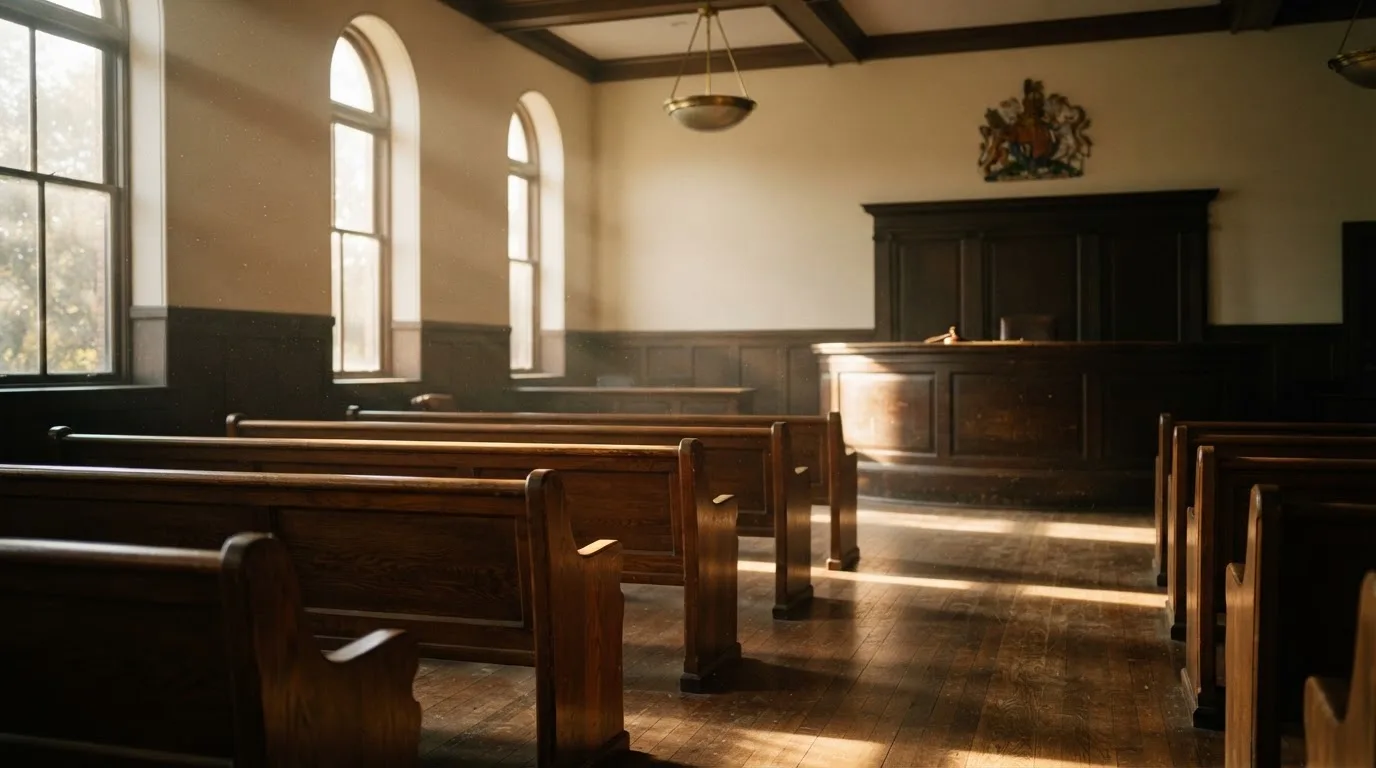 An empty courtroom with wooden benches in morning light