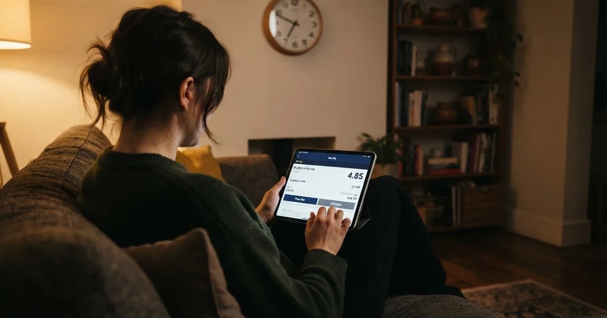 A person on a sofa looking thoughtfully at a tablet, a wall clock in the background