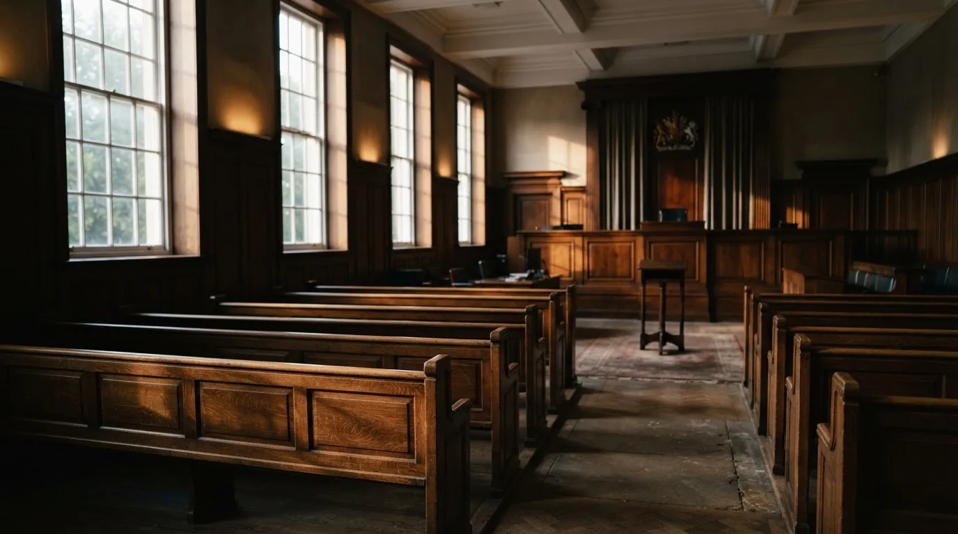 An empty courtroom with wooden benches in morning light