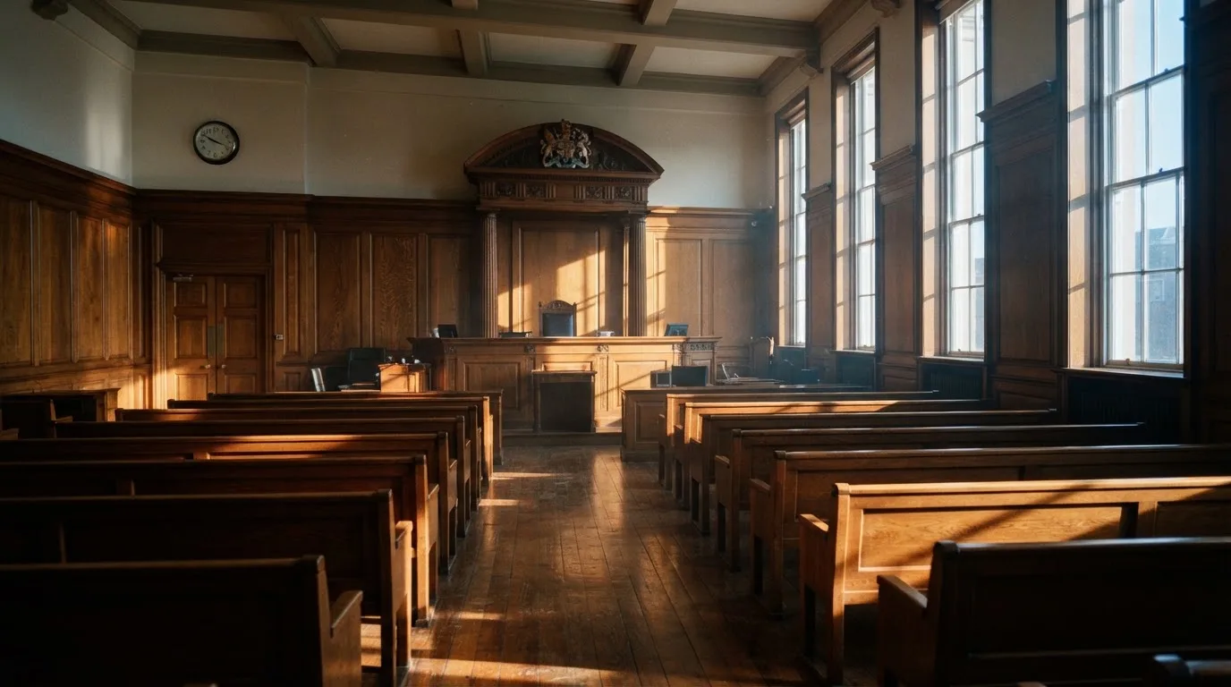 An empty courtroom with wooden benches in morning light