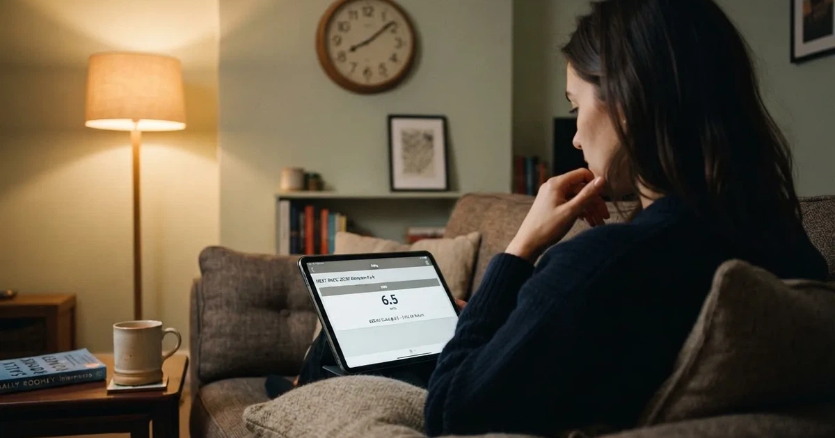 A person on a sofa looking thoughtfully at a tablet, a wall clock in the background