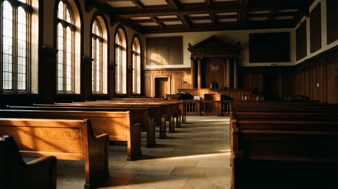 An empty courtroom with wooden benches in morning light