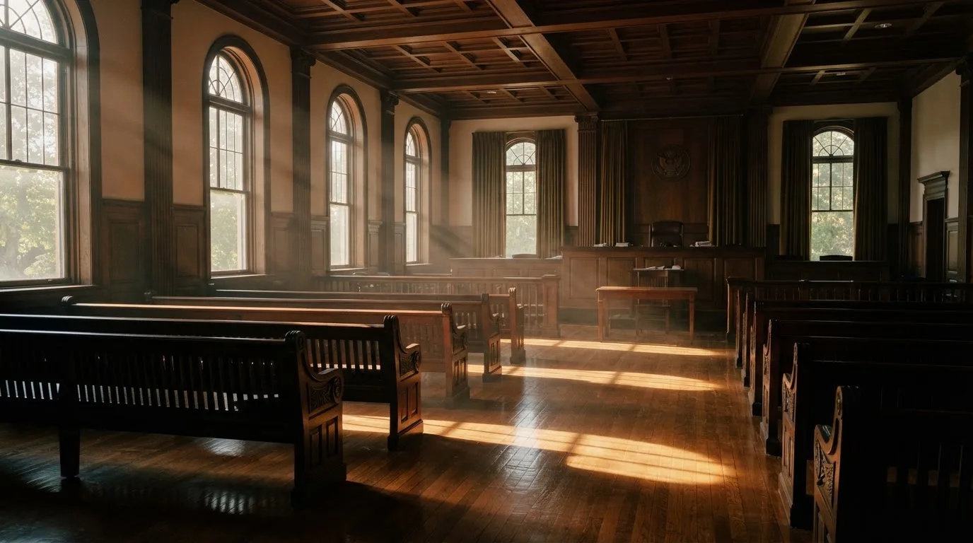 An empty courtroom with wooden benches in morning light