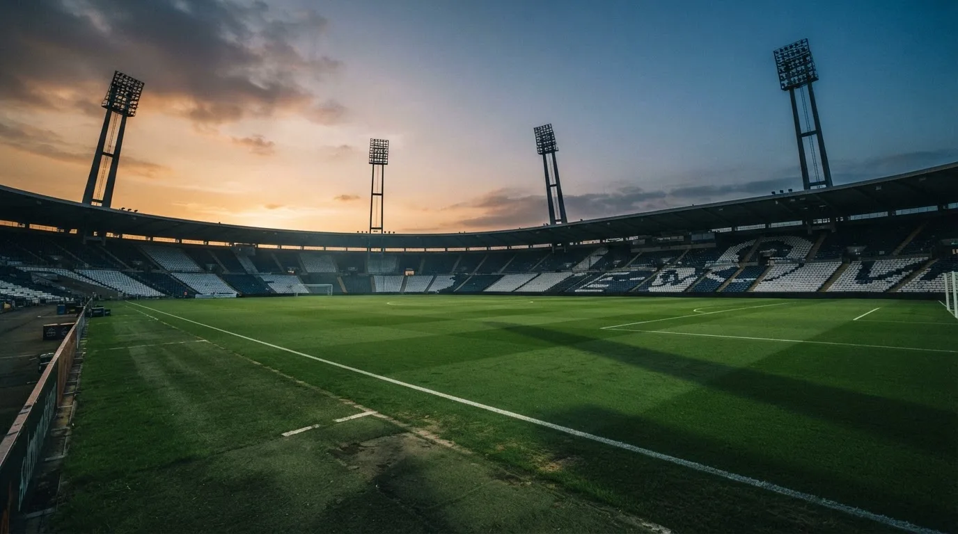 An empty football stadium with floodlight masts at dusk