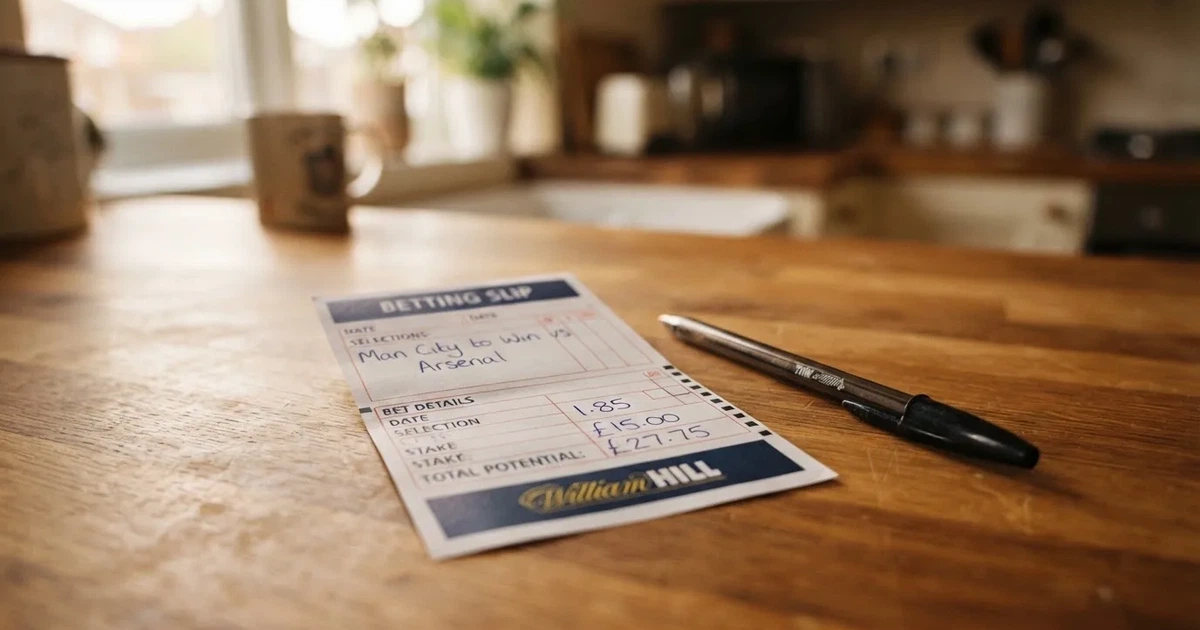 A blank paper betting slip beside a pen on a wooden counter