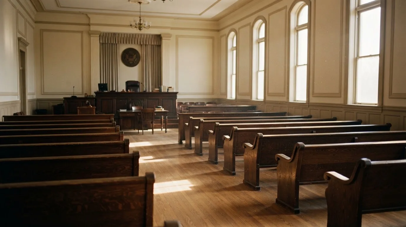 An empty courtroom with wooden benches in morning light